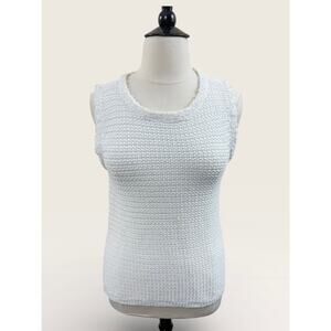 Ann Taylor White Knit Sleeveless Sweater with Fringe Detail, Size XL